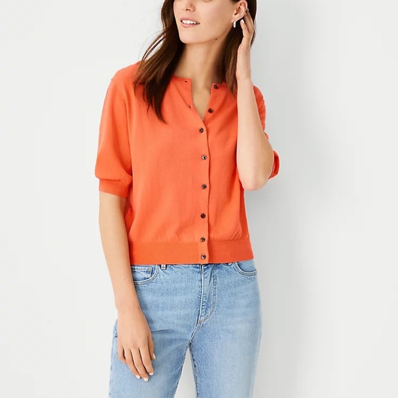 Ann Taylor Sweaters - 🔴 4/$15 Ann Taylor silk/cotton ss orange blend button up cardigan sz S in EUC
